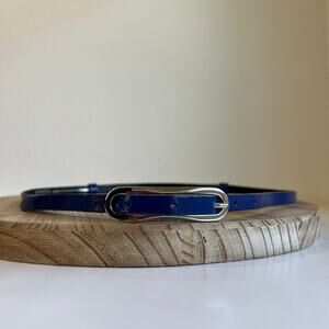 Blue England Made Genuine Leather Adjustable Thin Skinny Silver Oval Buckle Belt
